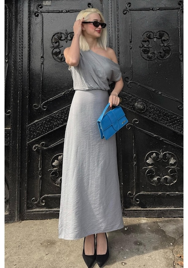 Madmext Madmext Gri Düşük Omuz Elbise Mg2349 Gri