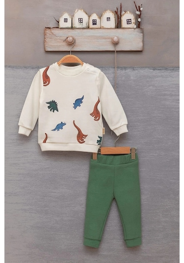 Erkek Bebek Pamuklu 2 Li Takım Dinazor Baskılı Sweatshirt Ve Yeşil Pantolon Yeşil