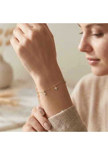 925 Ayar Gümüş Gold Minimal Çiçek Bileklik Altın