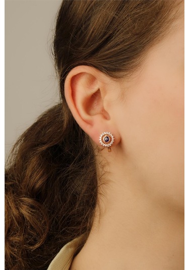 Pave Sıralı Nazar Boncuğu Gümüş Küpe Rose-2358