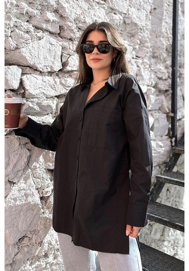 Kadın Siyah Terikoton Kumaş, Yırtmaçlı, Rahat Uzun Gömlek Siyah