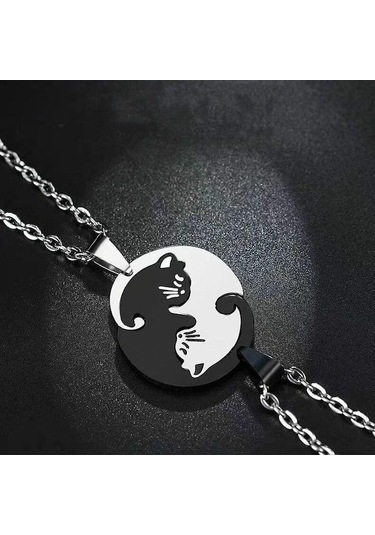 Novahub Siyah Beyaz Sevimli Kedi Çift Kolye Paslanmaz Çelik Kedi Kolye Kolye En Iyi Arkadaşlar Hediye Takı Için - 60 Cm Çok Renkli