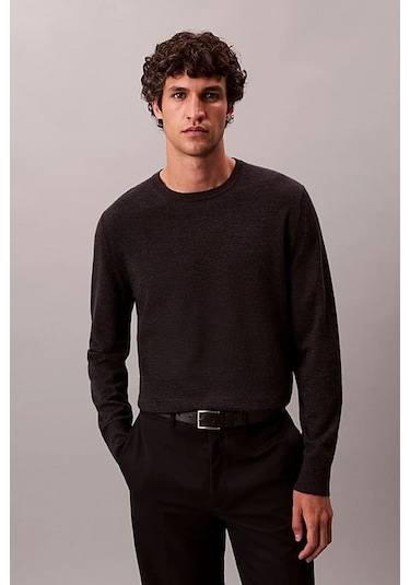 Erkek Regular Fit Merinos Yünü Triko Kazak - Antrasit Melanj Gunmetal Htr