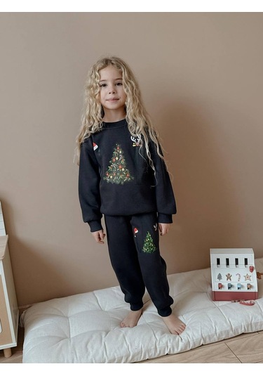 Kız Çocuk Yılbaşı Temalı 3 İplik Eşofman Takımı Lacivert