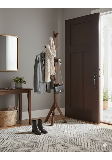 Ahşap Ayaklı Askılık Modern Elbise Askısı Kahverengi