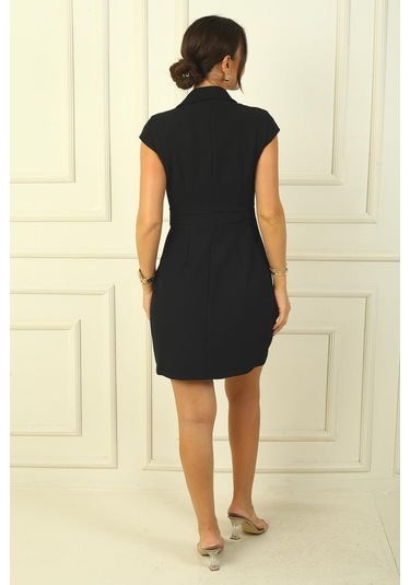 Kruvaze Yaka Toka Detaylı Eteği Pileli Likralı Krep Elbise-38552-siyah Siyah