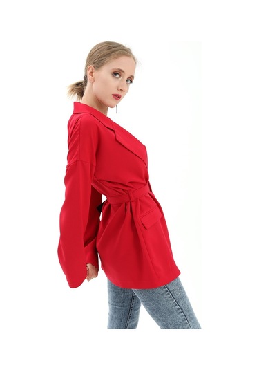 Düşük Omuz Kemerli Atlas Kumaş Blazer Ceket - Kırmızı-kırmızı Kırmızı