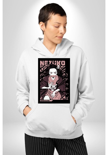 Nezuko Demon Slayer Kadın Erkek Beyaz Kapüşonlu Sweatshirt Hoodie Beyaz