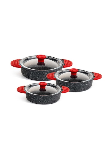 Eda 3'lü Granit Döküm Sahan Seti Cam Kapaklı Gri