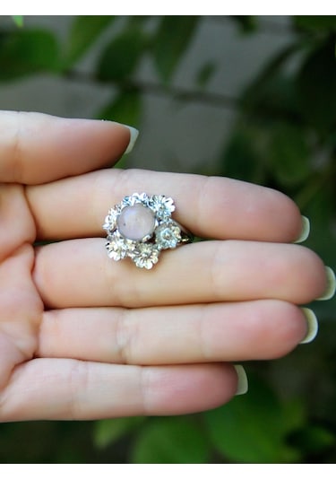 Esha Store Doğal Taş Pembe Kuvars Doğal Taşlı Çiçek Model Telkari Kadın Ayarlanabilir Gümüş Kaplama Yüzük Euy61 Pembe