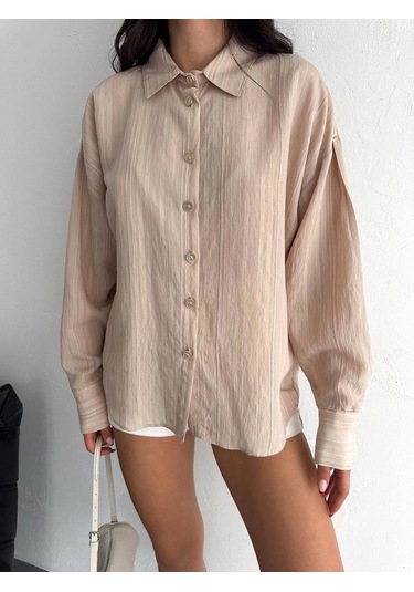 Çizgili Oversize Gömlek Bej