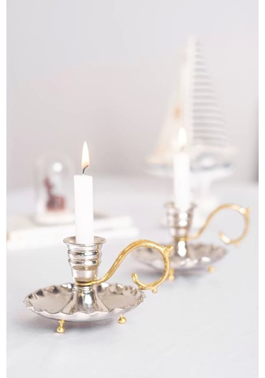 Bakır El Şamdanı Fırfırlı Model Gümüş Renk İkili