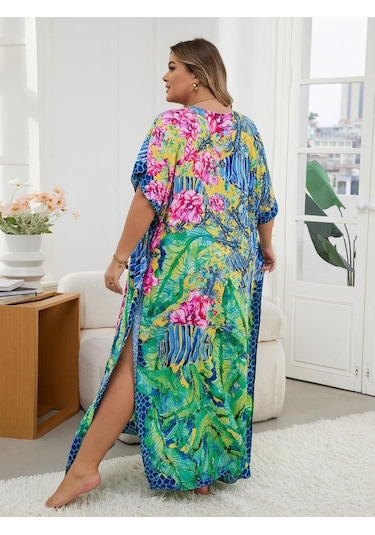 Edolynsa Şık Yeşil Baskılı Kadın Bohem Sabahlık Kaftan Ev Elbisesi Gevşek Tatil Partisi Uzun Elbise Mayo Üst Kıyafet Q1594 Çok Renkli