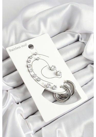 316l Çelik Halka Figürlü Ve Zirkon Taşlı Gümüş Renk 7'li Çift Kadın Küpe Set - Tj-bkp10637 Çok Renkli