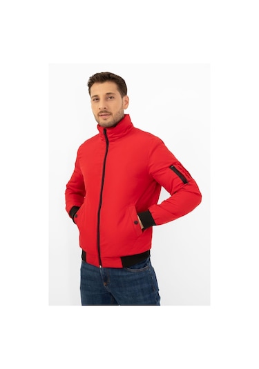 Erkek Astarlı Dik Yaka Mevsimlik Cepli Su Ve Rüzgar Geçirmez Mont Kırmızı