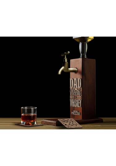 Bk Gift Kişiye Özel Kabartma İsimli Baba Tasarımlı Musluklu Ahşap Viski Standı-6 Viski Çeşmesi, Doğum Günü Hediyesi, Babaya Hediye Kobitmeyen138061 Bk