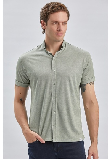 Imza Koyu Haki Desenli Oxford Polo Yaka Cepli Casual Slim Fit Dar Kesim Tişört 1011240178-Koyu Haki