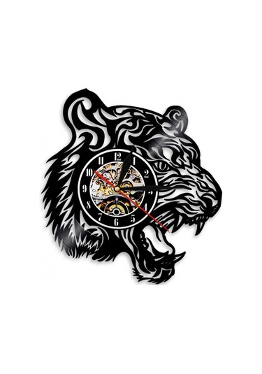 Primepickings Müzik Vinil Kayıt Duvar Saati - Kaplan Kafası Şekli Vinil Duvar Saati - Vinil Saat - Oturma Od Siyah