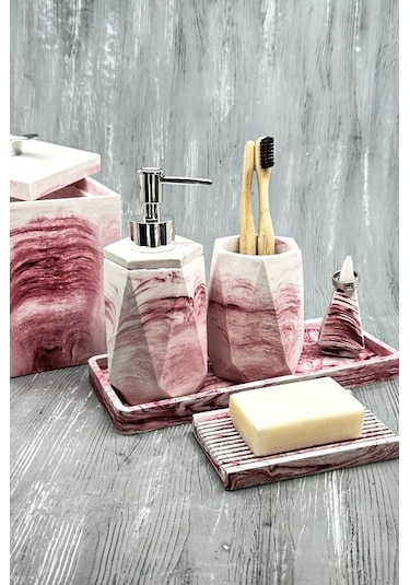 Betonmall 6'lı Mermer Desenli Beton Banyo Seti Çöp Kovalı Gri