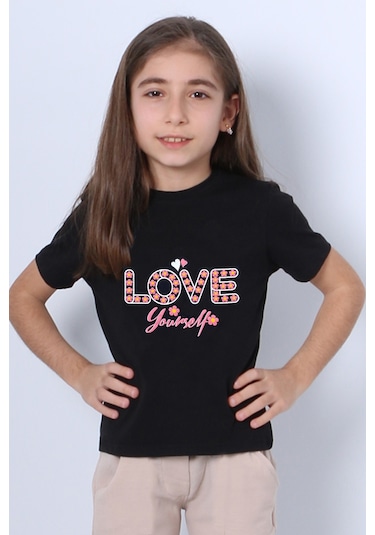 Hçm Kız Çocuk Tshirt Love Baskılı Bisiklet Yaka D28 Siyah