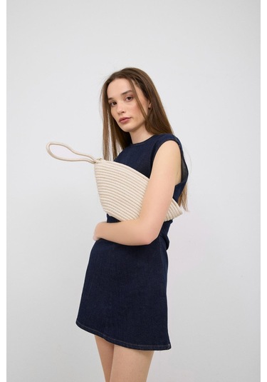 Shule Bags Rome Handmade Hasır Clutch Çanta Krem Krem