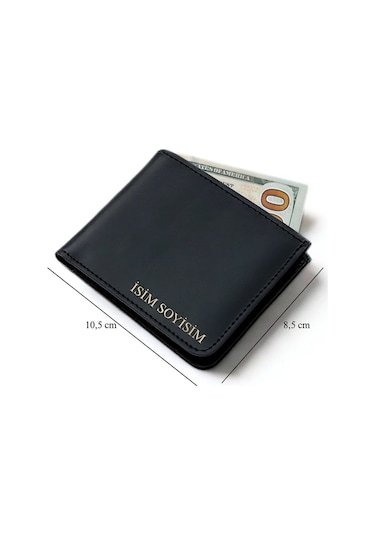 Vegan Deri Cüzdan İsim Baskılı Süper Ince Model 5 Adet Kart Kapasiteli Gizli Çıtçıtlı Kapama Siyah Siyah
