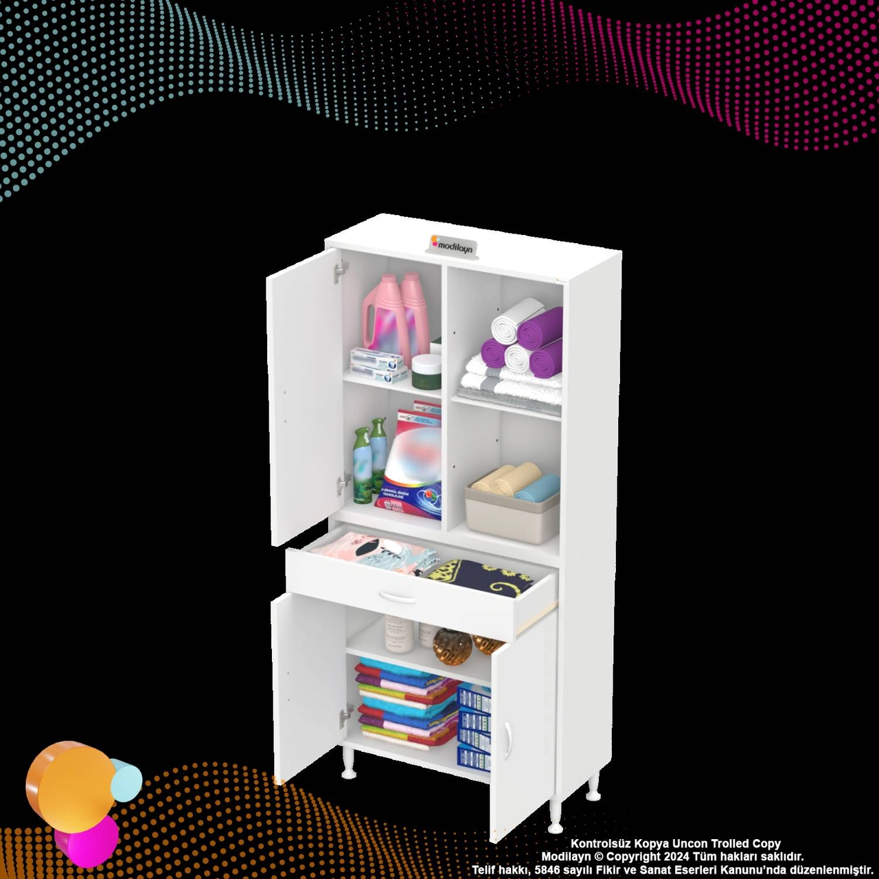 Kayra Banyo Ve Mutfak Dolabı Çok Amaçlı Dolap Tek Çekmece 3 Kapak 3 Raf 6 Bölme 80x173x32,5 Cm Beyaz