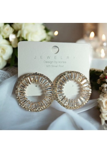 Taşlı Yuvarlak Küpe Gümüş Gold - Gümüş