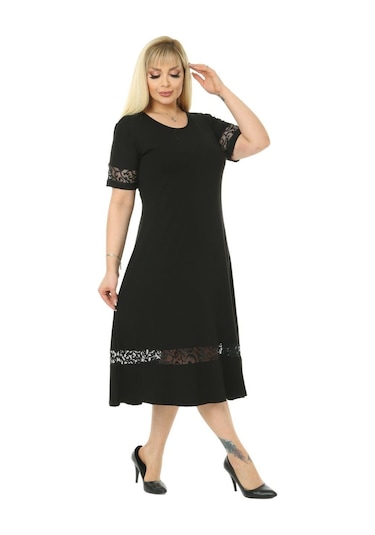 Melsay Butik Dantel Detaylı Kadın Büyük Beden Midi Elbise Siyah