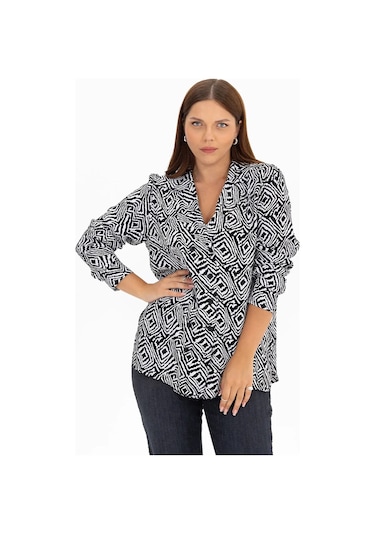 Galaxi 3051002 Kadın Büyük Beden Desenli Kruvaze Yakalı Gömlek Siyah