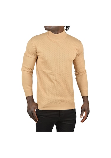 Deepsea Erkek Camel Zigzag Desenli Yarım Balıkçı Yaka Dar Kesim Boğazlı Triko Kazak 2505496 Camel