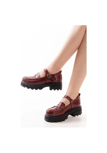 Bordo Rugan Kadın Günlük Yüksek Tabanlı Loafer Ayakkabı Bordo