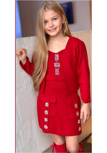 Riccotarz Kız Çocuk Askılı Bluz Hırka Ve Elmas Taş İşlemeli Cepli Bordo Triko Etekli Takım Bordo