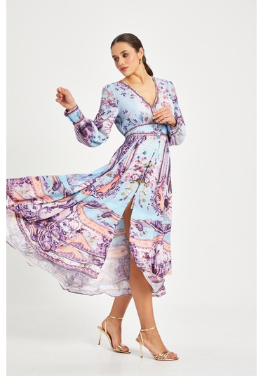 Kadın Desenli V Yaka Elbise Uzun Kollu, Kuşaklı, Astarlı Mavi