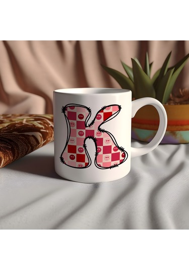 K Harfi Pembe Kareli Kalpli Göz Emojili Kupa Bardak Eğlenceli Kareli Tasarım Kahve Çay Kupası 07 Beyaz