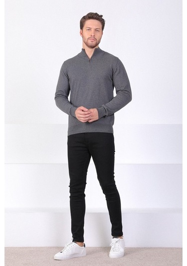 Ferraro Antrasit Dik Yaka Düz Renk Pamuk Erkek Kazak Antrasit