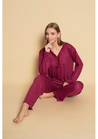 Yüksek Kalite Bambu İnterlok Kadın Pijama Takımı P5046 Bordo