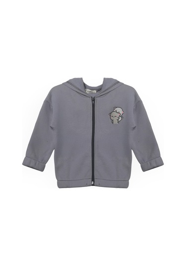 Luess Unisex Çocuk %100 Pamuklu Kedi Nakışlı Kışlık Hırka -gri 3-4 Yaş 8-9 Yaş Gri