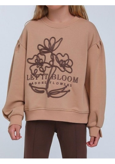 Kız Çocuk Çiçek Nakışlı Sweatshirt-14248 Kahverengi
