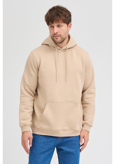 Erkek Bej Standart Fit Normal Kesim Içi Polarlı 3 Iplik Kapüşonlu Pamuklu Sweatshirt Bej