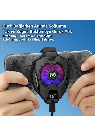 Polham 7500rpm Buz Tipi Radyatörlü Led Işıklı Telefon Soğutucu Fan, Sıcaklık Göstergeli Sessiz Soğutucu
