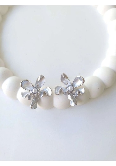Çelik Gümüş Incili Çiçek Kadın Küpe - Blossom Silver Sevgiliye Hediye Gümüş