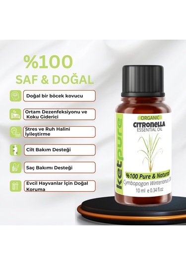 Ketpure Organik İçerikli Citronella Sitronella Uçucu Yağı 10 ML