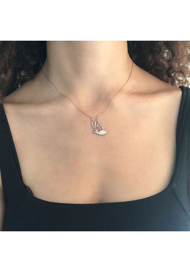 Ferizz Zirkon Taşlı Rose Kelebek Model Gümüş Kolye Gk-312
