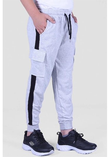 Yanı Şeritlii Kargo Cepli Erkek Çocuk Eşofman Altı Gri