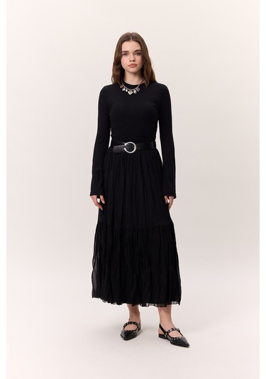 Crush Piliseli Uzun Etek Siyah Siyah