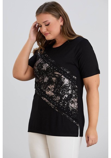 Wearon Kadın Julia Varak Baskılı Taşlı Penye Siyah Tişört Siyah