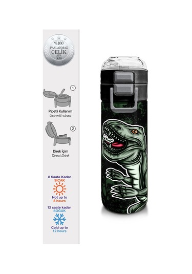 Coral High Kids Koyu Yeşil Siyah Dinozor Desenli Pipetli Ve Direkt İçim Çelik Termos 500 Ml 31934 Yeşil - Turuncu