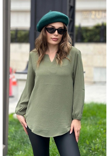 Kadın Haki Uzun Truvakar Kol, Öpücük Yaka, Basic Kesim Bluz - Tesettüre Uygun Haki