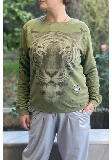 Kadın Haki Kaplan Desenli Sweat Haki